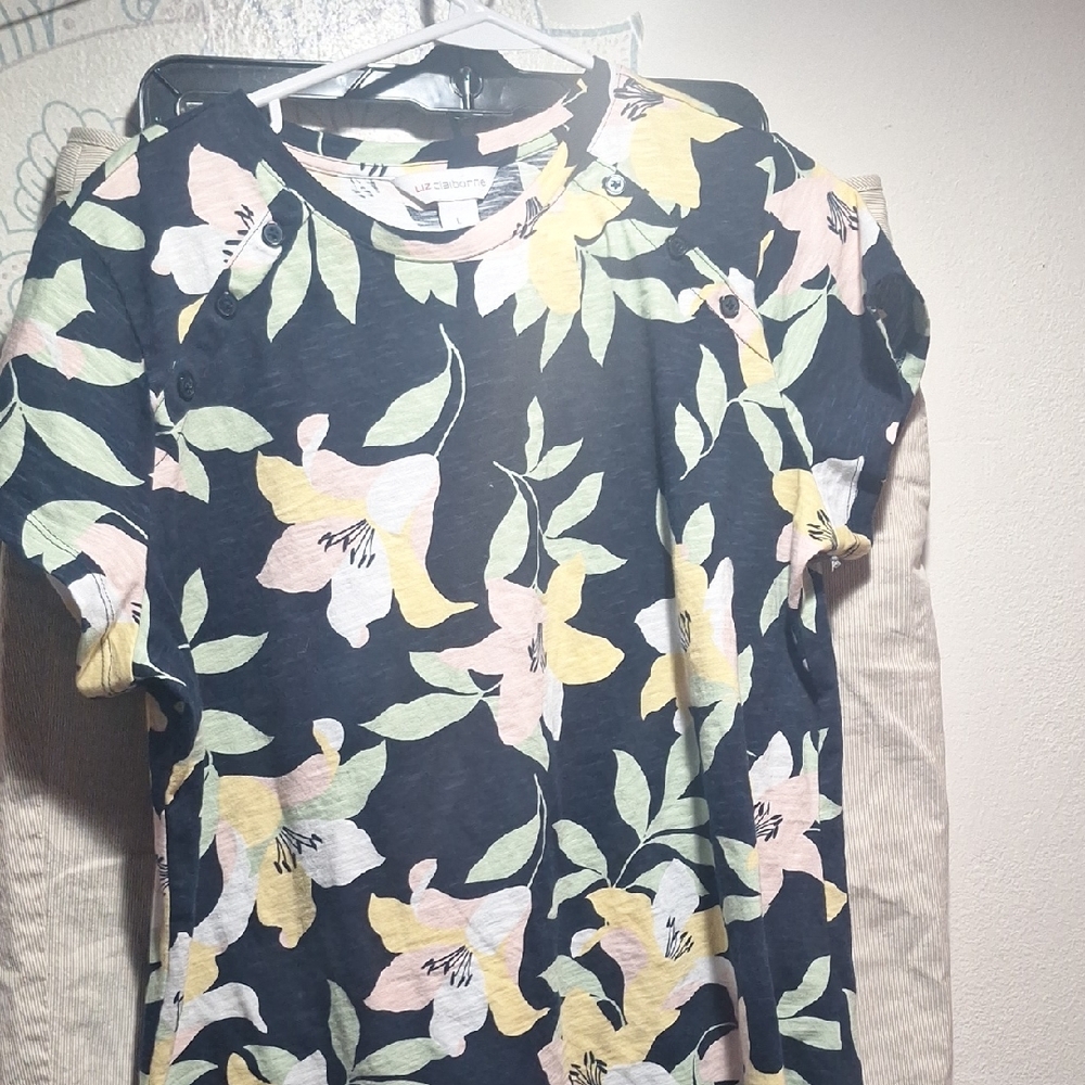 Navy Floral Short Sleeve Top with Pastel Blooms